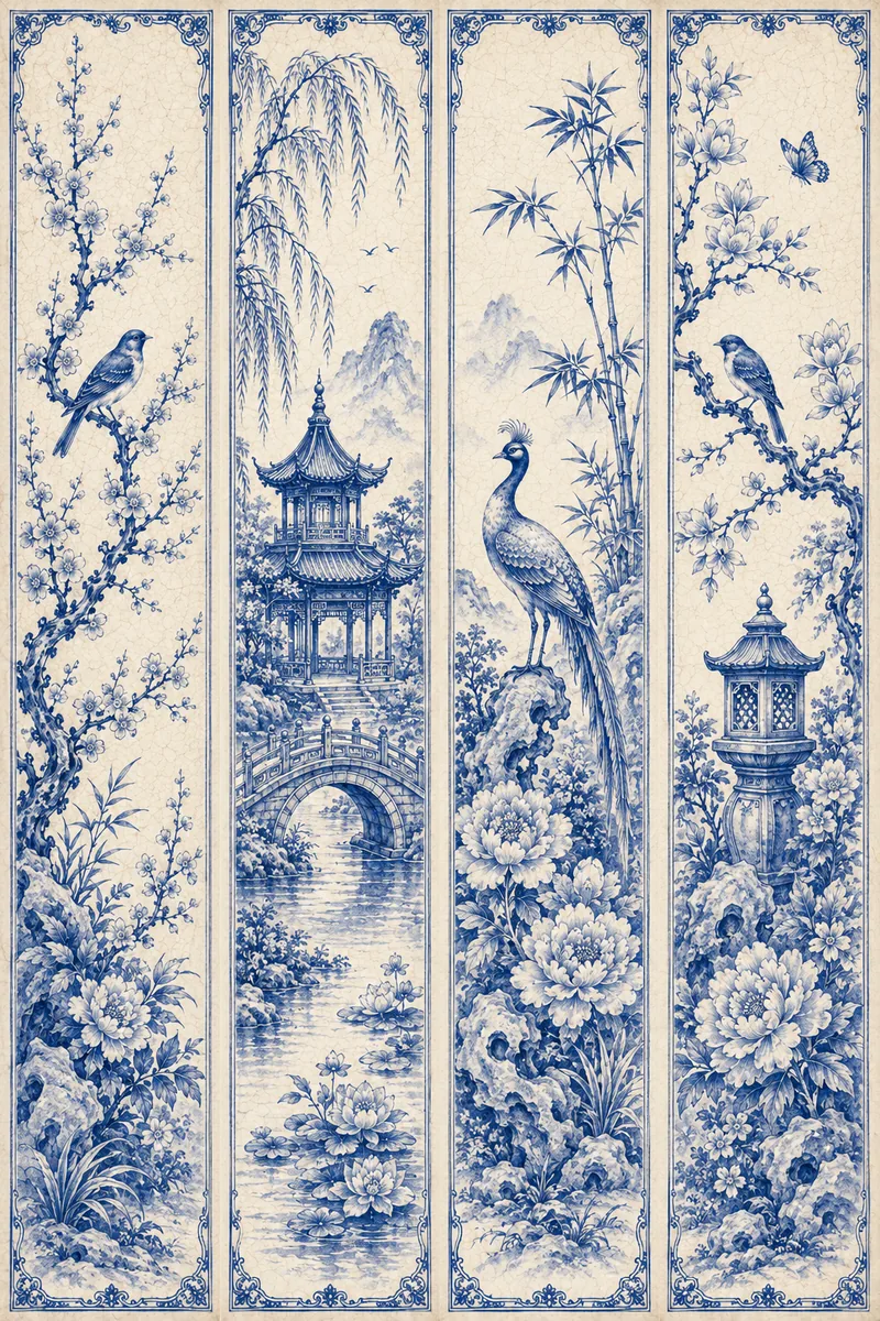 Four vertical blue-and-white porcelain panels with birds, peonies, bamboo, willow, pagodas, bridges, and a peacock